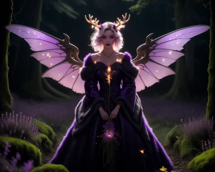 cinematic film still beautiful adult mature woman, high quality, best quality, highres, high detail, afterglow,bokeh,  ((massive antlers horns)),<lora:Outfit_hud-MossDress:0.65> m0ss_dr3ss ,elaborate long dress made of moss,((flowers)), standing, ((glowing flame wings)), flourescent biolumescent ((violet purple magenta)) fireflies, <lora:Outfit_LucentDream:0.3> luc3nt, luminescent, glowing, sparkles, light particles arcane scholar, ((persistent)), pearl white tunics,(((violet flare, light wisps, shimmering))), ((scholarly glyphs)), soft lavender knowledge energy, backlighting, secluded, ancient library environment, ((wisdom magic)), esoteric elements, 8k resolution, by Leonardo da Vinci, by Rembrandt . shallow depth of field, vignette, highly detailed, high budget, bokeh, cinemascope, moody, epic, gorgeous, film grain, grainy