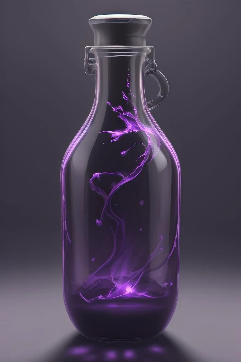 breathtaking full shot, hdr, dynamic lighting, (masterpiece, top quality, best quality, official art, beautiful and aesthetic:1.2),(8k, best quality, masterpiece:1.2), bottle full of liquid aging, transparent, no humans, purple and gold and black bottle, fantasy, transparent, glass, still life, glowing weapon, floating, glowing, simple background, <lora:CGgameiconV:0.8> CGgameiconV, <lora:lcm-lora-sdv1-5:0.7>, masterpiece, award-winning, professional, highly detailed