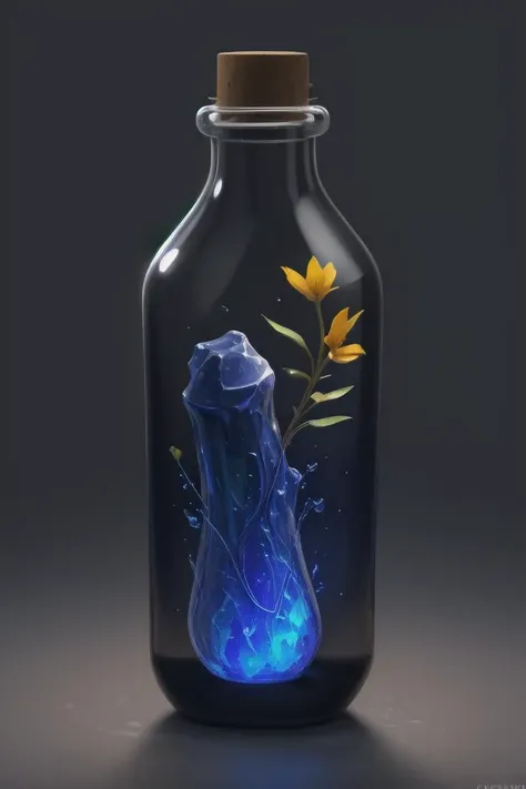 breathtaking full shot, hdr, dynamic lighting, (masterpiece, top quality, best quality, official art, beautiful and aesthetic:1.2),(8k, best quality, masterpiece:1.2), bottle full of liquid regeneration, transparent, no humans, yellow bottle, fantasy, transparent, glass, still life, glowing weapon, floating, glowing, simple background, <lora:CGgameiconV:0.8> CGgameiconV, <lora:lcm-lora-sdv1-5:0.7>, masterpiece, award-winning, professional, highly detailed