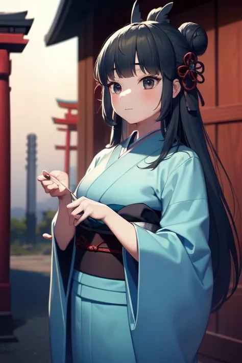 (masterpiece, best quality:1.2), <lora:ArtemisMH-10:0.9>, 1girl, solo, artemis, hair buns, tied hair, hair clips, blue kimono, temple, japan, japanese temple