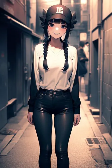 (masterpiece, best quality:1.2), <lora:ArtemisMH-10:0.9>, 1girl, solo, artemis, twintails, braids, street wear, white shirt, black jeans, blue cap, looking at viewer, smile, standing in the back alley, japanese town, stairs, stores