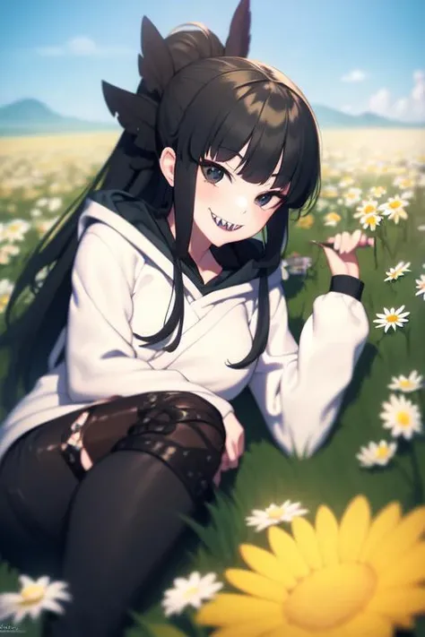 (masterpiece, best quality:1.2), <lora:ArtemisMH-10:0.9>, 1girl, solo, artemis, shark tail, ponytail, white hoodie, long white sleeves, black pants, thigh strap, sharp teeth, looking at viewer, smile, lying, in a field of flowers, daisy