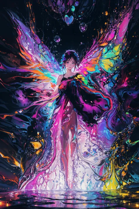 abstract dark fluid art, (black, gold and marble:0.6), (splash:1.2), swirls, flow, dynamic, expressive, intricate, muted colors, (contrast:1.2)
masterpiece, best quality, absurdres, illustration, watercolor,1girl,young girl with butterfly wings, in water, solo, long hair, dress, skirt hold, , sleeveless, barefoot, bare shoulders, standing,, outdoors, cloud, sky, water, water splashes, rainbow,(tight dress:0.5),(blue, red, pink, flower clusters) ((iridescence holographic Clothing:1.3)) <lora:acid_fluid_lora:0.7>, <lora:iridescence_holographic_Clothing:0.6> , , <lora:LowRa:0.6>