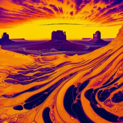 monument valley landscape golden hour, indie album cover, amazing (abstract fluid art:1.2), intricate, (contrast:1.2) <lora:acid_fluid_lora:0.7>