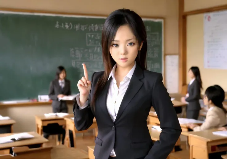 HDR photo of sidelight,<lora:Sola_Aoi_XL_0_:1>,sola_aoi,portrait,xiezhen,make-up,blurry background,rim_light,frontlight,daylight,the teacher is lecturing in front of the blackboard,business_suit,, High dynamic range, vivid, rich details, clear shadows and highlights, realistic, intense, enhanced contrast, highly detailed