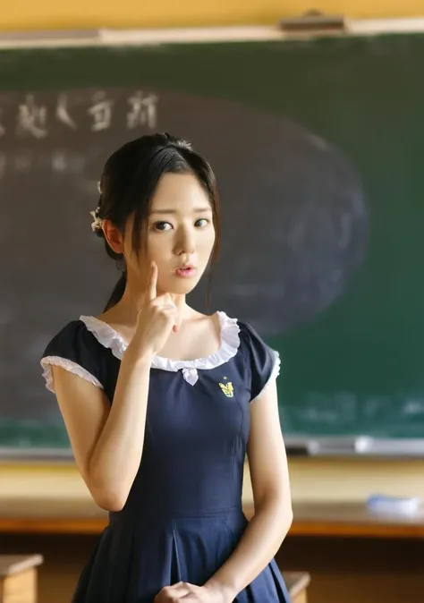 sidelight,<lora:Sola_Aoi_XL_0_:1>,sola_aoi,make-up,blurry background,rim_light,frontlight,daylight,the teacher is lecturing in front of the blackboard,