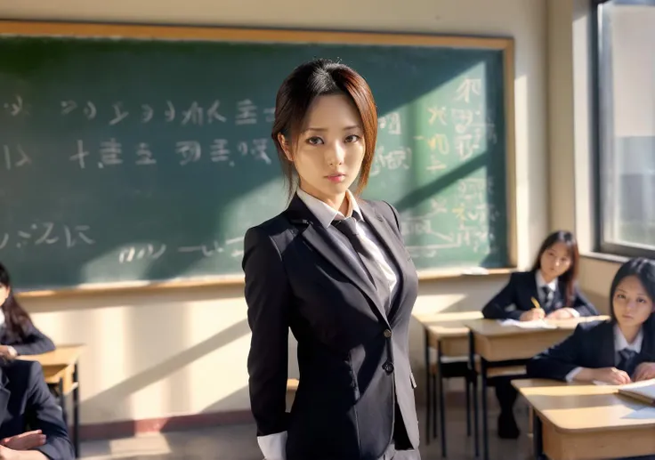 HDR photo of <lora:Sola_Aoi_XL_1_:1>,sola_aoi,portrait,make-up,
blurry background,rim_light,frontlight,sidelight,sunlight through the glass window,
the teacher is lecturing in front of the blackboard,
business_suit,, High dynamic range, vivid, rich details, clear shadows and highlights, realistic, intense, enhanced contrast, highly detailed