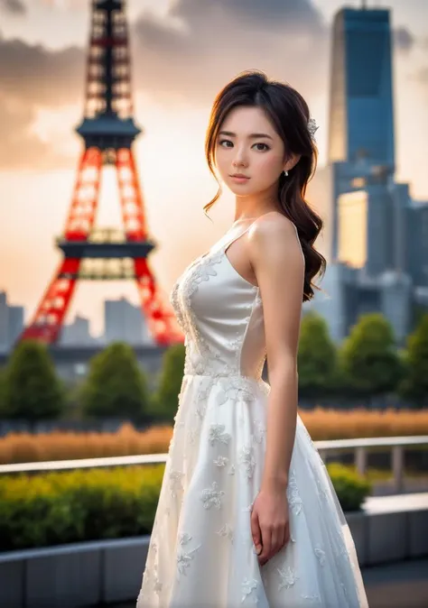 Advertising poster style, 1girl,big breasts,sidelight,<lora:Sola_Aoi_XL_0_:1>,sola_aoi,shiny,blurry background,rim_light,wedding_dress,frontlight,looking at viewer,tokyo tower,, Professional, modern, product-focused, commercial, eye-catching, highly detailed