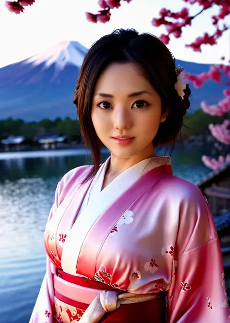 cinematic photo of <lora:Sola_Aoi_XL_1_:1>,sola_aoi,sweet,large breasts,slender,
blurry background,rim_light,frontlight,sidelight,gradient kimono,cherry blossoms open,the background is the lake and mount fuji,, 35mm photograph, film, bokeh, professional, 4k, highly detailed