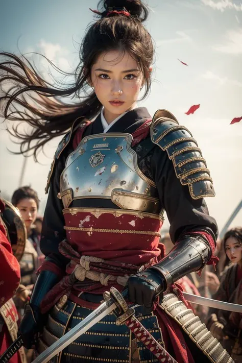 Samurai,weapon,armor,sword,solo,japanese armor,samurai,long hair,black hair,holding,katana,holding weapon,topknot,looking at viewer,smoke,1girl,hair ornament,ponytail,sheath,black eyes,holding sword,shoulder armor,blood,male focus,hair stick,kusazuri,sheathed,gloves,japanese clothes,blood splatter,standing,black gloves,looking to the side,cowboy shot,wind,breastplate,realistic,high ponytail,floating hair,scabbard,
best quality,masterpiece,an extremely delicate and beautiful,CG,unity,8k wallpaper,Amazing,finely detail,masterpiece,official art,extremely detailed CG unity 8k wallpaper,incredibly absurdres,huge filesize,ultra-detailed,highres,extremely detailed,<lora:Samurai_20240302035502:0.8>,