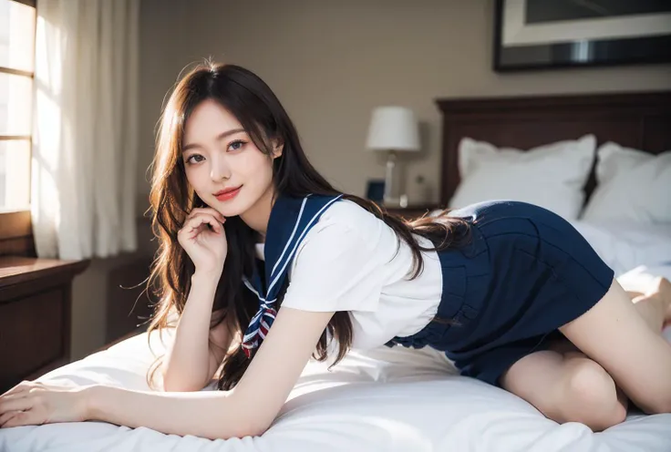 Best quality, high resolution, masterpiece, sharp focus, HDR, 8K resolution, intricate detail, refined detail,, highly detailed CG unity 8k wallpaper
(Full body, indoors, lying on bed: 1.3),
A tall girl, trembling, smiling, and blushing.
White short shirt, blue sailor collar, wide sailor collar, neckerchief, blue skirt, side shot,
looking at the viewer, <lora:umezawaminami_lora:1>