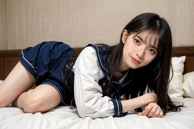 Best quality, high resolution, masterpiece, sharp focus, HDR, 8K resolution, intricate detail, refined detail,, highly detailed CG unity 8k wallpaper
(Full body, indoors, lying on bed: 1.3),
A tall girl, trembling, smiling, and blushing.
White short shirt, blue sailor collar, wide sailor collar, neckerchief, blue skirt, side shot,
looking at the viewer, <lora:AsukaSaito:0.8>