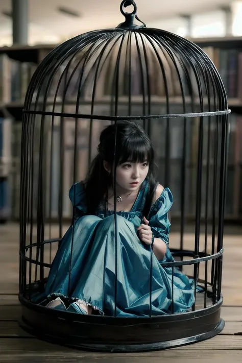 mini person, in_cage, 1girl, solo, (8k, highres, realistic, instagram,  highly detailed, best quality, masterpiece:1.1), isometric, tilt-shift, depth of field, (from above:0.8),
BREAK
a photo of a beautiful shrunken girl, (in a tiny birdcage:1.1), sitting,  shocked,  :o, left on a wooden table, oversized object,  gigantic books,  bookshelf, in library,  indoors, detailed background,
BREAK
<lora:flat2:-0.55>
(mature female in girly clothes:1.1),  black hair,  long hair, swept bangs, (long blue dress:1.1), frills, medium breasts,
<lora:in_cage:1.1>