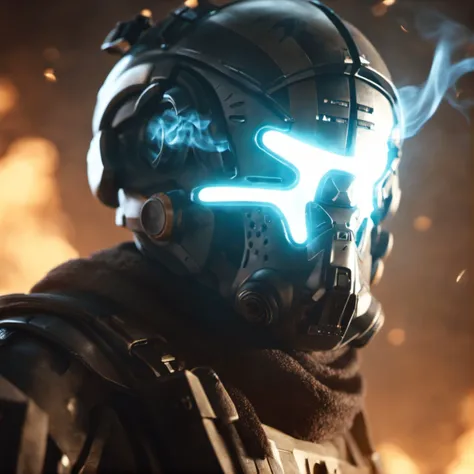 cinematic still 1 helmeted man is smoking in a battlefield,<lora:Jack_CooperV1.7-000018:0.9>,wallpaper,Volumetric Lighting,polaroid,(fire:1.1),smoke,(half_body:1.1),glowing eyes,sharp_image, . emotional, harmonious, vignette, highly detailed, high budget, bokeh, cinemascope, moody, epic, gorgeous, film grain, grainy