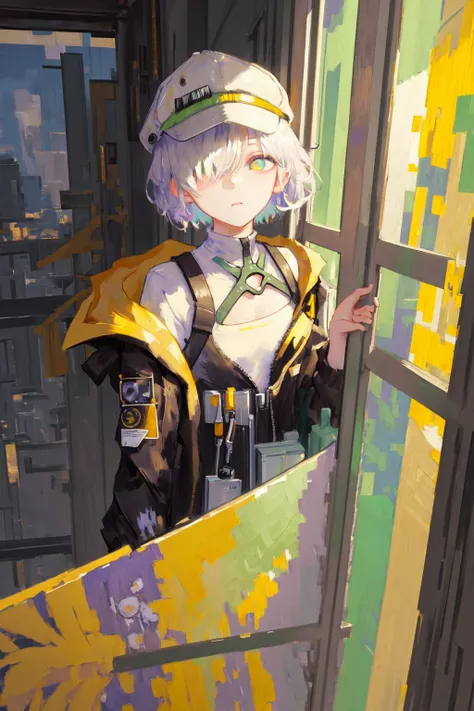 masterpiece, best quality, 4k, UHD, mishoujo, painting, beautiful eyes and detailed face, illustration, beautiful detailed, high resolution illustration, glowing_white_particles, 1girl, white hair, light purple eye, hair over one eye, short sidetail, baseball cap,expressionless, window shade, black jacket, chest rig, cyberpunk, techwear,(Impressionism:1.4), Vincent van Gogh