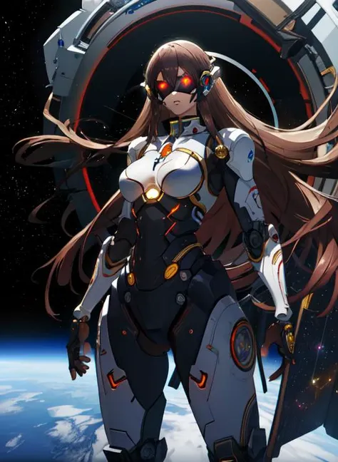 best quality, masterpiece, highres, detailed, perfect anatomy, japanese cyborg girl with long hair in space, robot,  <lora:Style - add_detail:0.1>, cowboy shot, reverse, black ring, glowing, glowing eyes, <lyco:Reversed-06:1.0>