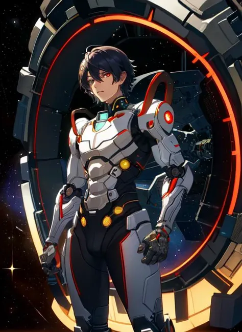 best quality, masterpiece, highres, detailed, perfect anatomy, japanese cyborg boy with short hair in space, robot,  <lora:Style - add_detail:0.1>, cowboy shot, reverse, black ring, glowing, glowing eyes, <lyco:Reversed-06:1.0>