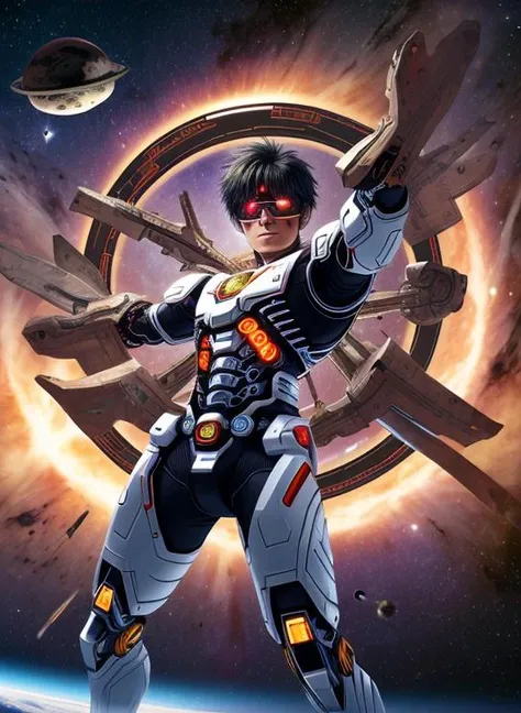 best quality, masterpiece, highres, detailed, perfect anatomy, japanese cyborg boy with short hair in space, <lora:Style - add_detail:0.1>, cowboy shot, reverse, black ring, glowing, glowing eyes, <lyco:Reversed-06:1.0>