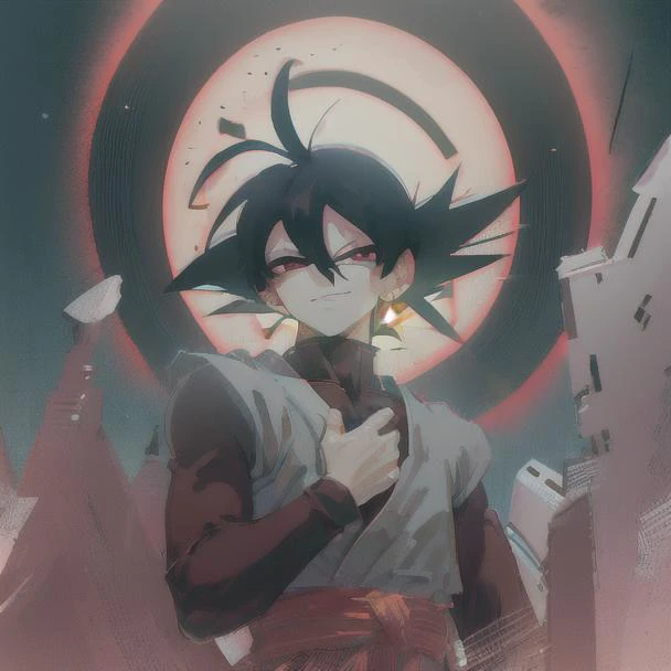 <lora:goku_black1:1> (complex light), 1boy,solo,upper body, goku black,black hair,smirk, red eyes, <lyco:Reversed:0.8> best quality, masterpiece, highres, detailed, reverse, black ring, glowing, glowing eyes, masterpiece, best quality,, (waifu, anime, exceptional, best aesthetic, new, newest, best quality, masterpiece, extremely detailed:1.2), night sky, night, stars,  anime, animated, smug