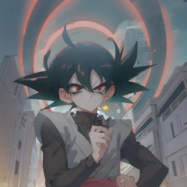 <lora:goku_black1:1> (complex light), 1boy,solo,upper body, goku black,black hair,black eyes,smirk <lyco:Reversed:0.7> best quality, masterpiece, highres, detailed, reverse, black ring, glowing, glowing eyes, masterpiece, best quality,, (waifu, anime, exceptional, best aesthetic, new, newest, best quality, masterpiece, extremely detailed:1.2), night sky, night, stars,  anime, animated,