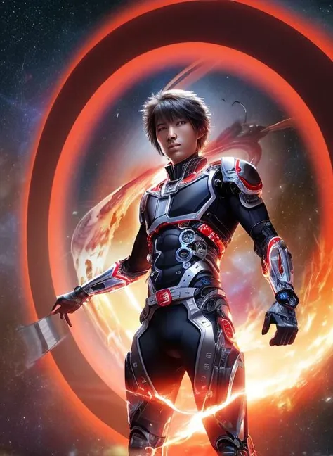 best quality, masterpiece, highres, detailed, perfect anatomy, japanese cyborg boy with short hair in space, <lora:Style - add_detail:0.1>, cowboy shot, reverse, black ring, glowing, glowing eyes, <lyco:Reversed-06:1.0>