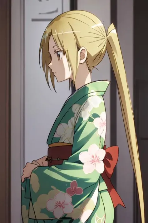 best quality, masterpiece, highres, solo, {hagimura_suzu_seitokaiyakuindomo:1.15}, blonde_hair, long_hair, twintails, brown_eyes, 1girl, japanese_clothes, kimono, yukata, profile, green_kimono
