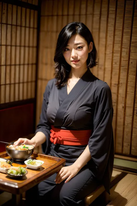 (realistic:1.3), finely detailed, quality, rembrandt lighting, (masterpiece:1.2), (photorealistic:1.2), (best quality), (detailed skin:1.3), (intricate details), dramatic, ray tracing, 1girl, japanese girl, 21 years old, detailed skin texture, (blush:0.5), (goosebumps:0.5), subsurface scattering, smiling, medium breasts, short hair curls, bangs, hair between eyes, yukata, sitting, teppanyaki, table, (pov across table:1.1), posters, riliao, (warm lighting, japanese restaurant), <lora:riliao_20230712031113:0.7>