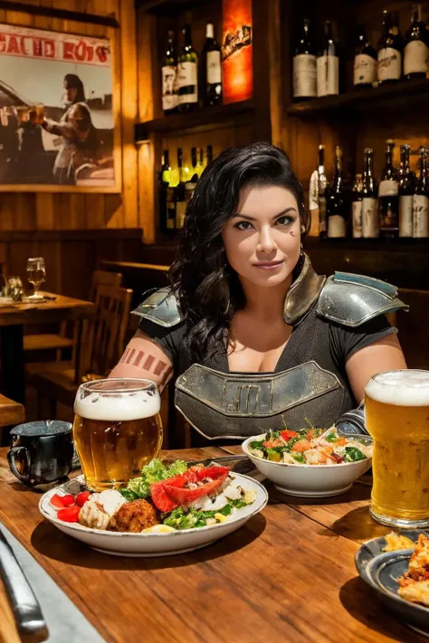 <lora:?Muggle Lora?Japanese restaurant???:1>,riliao,1girl, 8K raw photo, Best quality, masterpiece, ultra high res, upper body,food and alcohol,,plate, poster \(object\), table, restaurant, hair over shoulder, red lips, wooden table, sitting
,(topless:1.6)