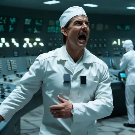 cinematic photo a full body tom cruise with a moustache, screams, panic,  in a white uniform, fire, +++explosions, in a nuclear powerplant control room <lora:Technician1024:0.8> . 35mm photograph, film, bokeh, professional, 4k, highly detailed