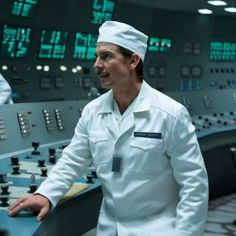 cinematic photo a tom cruise with a moustache in a white uniform drinks vodka in a nuclear powerplant control room <lora:Technician1024:0.8> . 35mm photograph, film, bokeh, professional, 4k, highly detailed