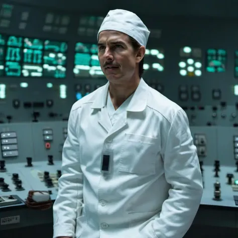 cinematic photo a tom cruise with a moustache in a white uniform holds vodka bottle in a nuclear powerplant control room <lora:Technician1024:0.8> . 35mm photograph, film, bokeh, professional, 4k, highly detailed