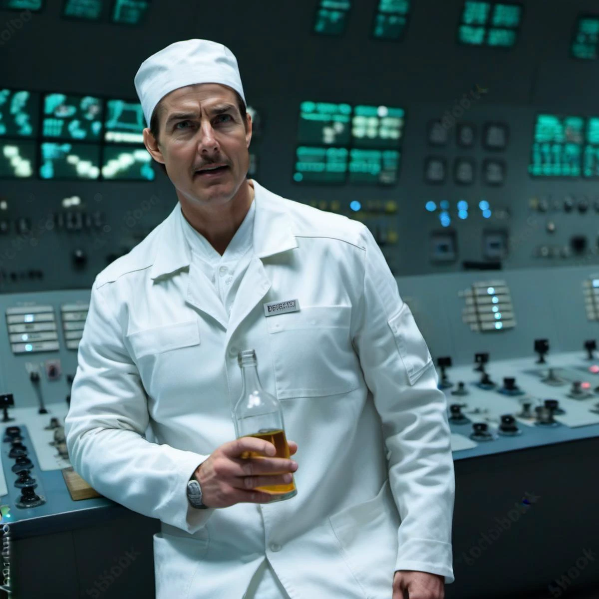 cinematic photo a tom cruise with a moustache in a white uniform holds vodka bottle in a nuclear powerplant control room <lora:Technician1024:0.8> . 35mm photograph, film, bokeh, professional, 4k, highly detailed