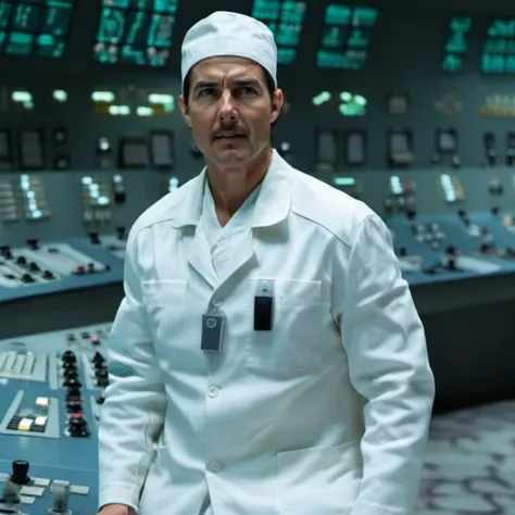 cinematic photo a tom cruise with a moustache in a white uniform in a nuclear powerplant control room <lora:Technician1024:0.8> . 35mm photograph, film, bokeh, professional, 4k, highly detailed