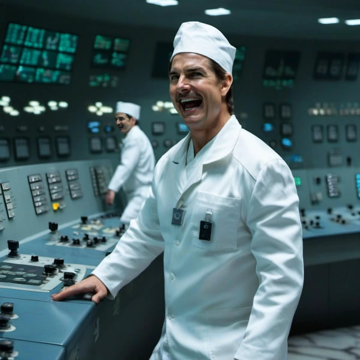 cinematic photo a full body tom cruise with a moustache, funny face, in a white uniform, drunk, dances in a nuclear powerplant control room <lora:Technician1024:0.8> . 35mm photograph, film, bokeh, professional, 4k, highly detailed