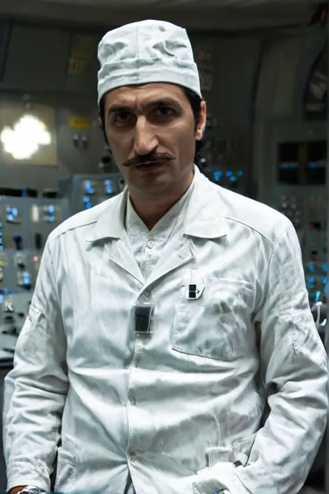 cinematic photo Fares Fares with a mustache in a white uniform (with a hat:0.1) holds vodka bottle in a nuclear powerplant control room <lora:Technician1024:0.8> . 35mm photograph, film, bokeh, professional, 4k, highly detailed <lora:Fares_Fares_v1b:0.8>