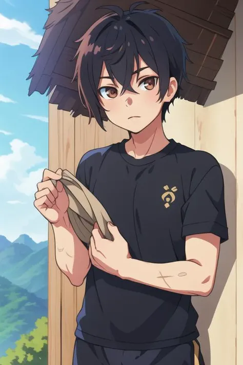 masterpiece, best quality, wallpaper, 1boy, solo, male focus, looking at viewer, , , <lora:rio_seirei_gensouki:0.64>, rio_seirei_gensouki, black hair, brown eyes, sportswear, hat