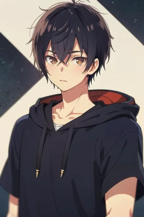 masterpiece, best quality, illustration, 1boy, solo, male focus, looking at viewer, upper body, depth of field, <lora:rio_seirei_gensouki:0.74>, rio_seirei_gensouki, black hair, brown eyes, hoodie, hat