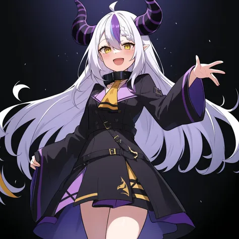 2d, masterpiece, best quality, anime, highly detailed eyes, highly detailed face, cowboy shot, feet out of frame, 1 girl, solo, standing, studio background, black background, la+ darknesss, laplus, hololive, virtual youtuber, horns, (collar), yellow eyes, yellow ascot, purple dress, (long sleeves), (sleeves past fingers), white hair, streaked hair, smile, open mouth <lora:laplus darknesss:0.6>