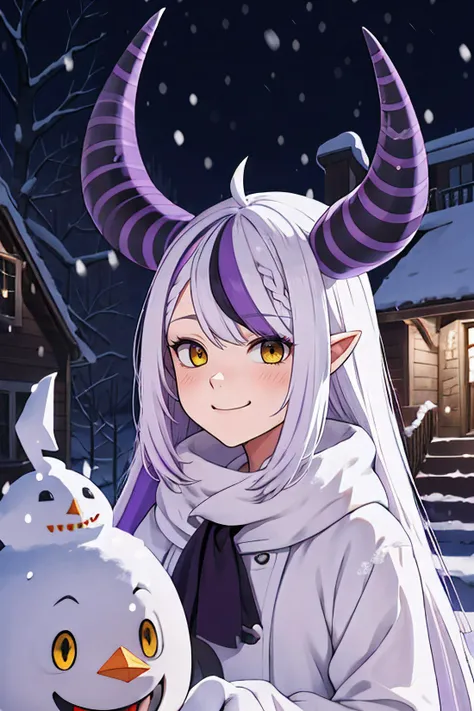 <lora:CHAR-LaplusDarknesss_v.1.0:1> laplus, 1 girl, white_hair, solo, laplus darknesss, happy face, purple streak, yellow eyes, horns, building a snowman, nighttime, snow, house background