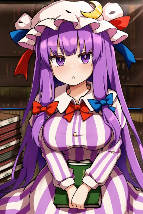 patchouli_knowledge, 1girl, crescent, long_hair, crescent_hat_ornament, purple_hair, purple_eyes, medium_breasts, striped, hat_ornament, striped_dress, red_bow, solo, red_bowtie, mob_cap, dress, vertical-striped_dress, blush, looking_at_viewer, bangs, purple_dress, red_ribbon, upper_body, vertical_stripes, long_sleeves, bow, blue_bow, ((library)), bookshelf, book stack <lora:pesonew2-000009:0.85>