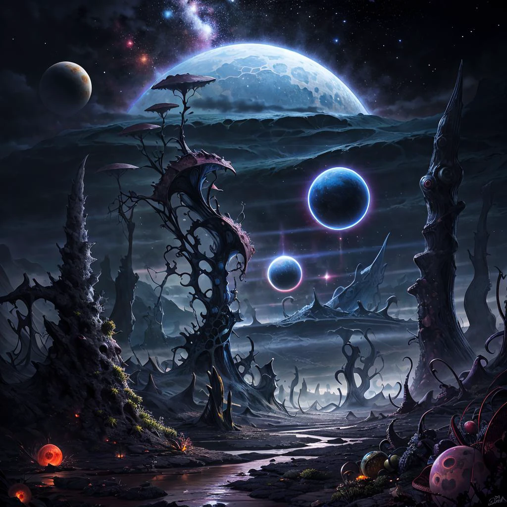 masterpiece, best quality, hyper realism, ultra detailed, absurdres, 8k
<lora:CosmicLandscapes:0.7> cosmiclandscapes, alien landscape, retro, mysterious, alien plants, strange growths, strange rock formations, river, mountains ,planet, star, neutron star, black hole, saturn, gas giant, galaxy, fog, tall spires