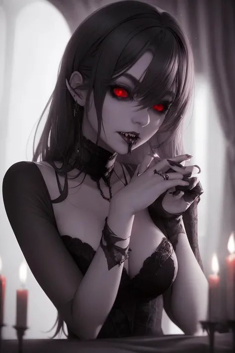an eerily seductive gothic female vampire. bloody teeth. dark candlelit room. volumetric lighting, high dynamic range.