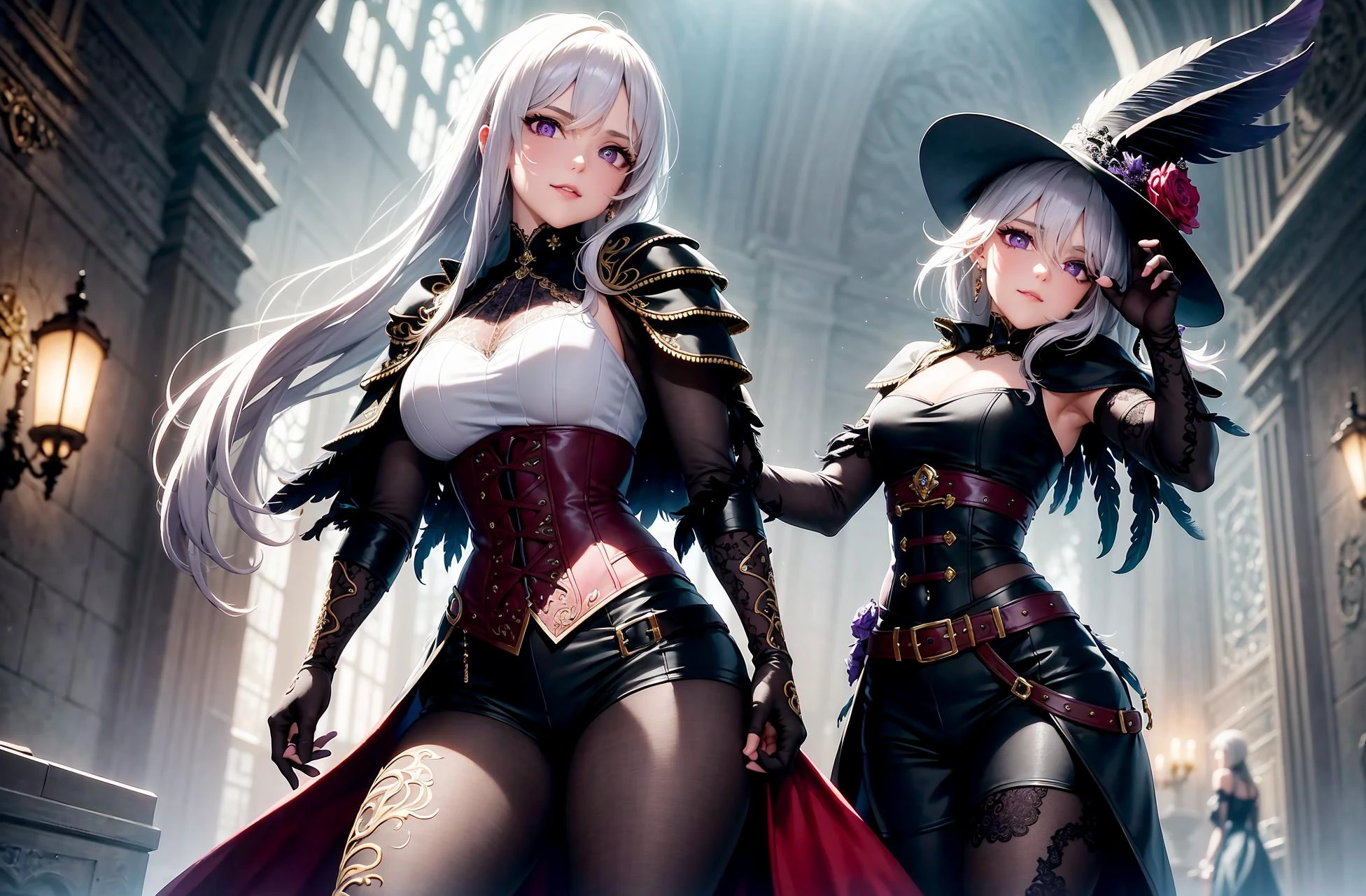 battle, 2girls fighting, full body, Depth of Field, Ornate, Ominous, Intricate Details, dynamic pose, magical effects, action, floating hair, fine fabric emphasis, action, fighting stance,
((masterpiece)), (best quality),
2girls, (fighting),
Female character wearing a tall and wide witch hat, ((fitted leather armor adorned with crow feathers)), ((dark feathered cloak made of crow feathers draped around the shoulders)), ((black feathered cloak)), ((black feathered corset)), fingerless gloves with straps and metal accents, high leather boots with buckles, belts with attached pouches and trinkets, bandolier of vials with mysterious contents, torn and layered fabric adorning the outfit, (dirt and bloodstains enhancing the grim atmosphere), The character is not wearing any bright colors or modern accessories, long hair, (((white hair))), pale skin, full body, small butt, slim, athletic, instagram, (red eyes), detailed pupils, (glowing eyes), bright eyes, wet skin,
reflective floor, Dark, foggy atmosphere enveloping a crumbling Gothic city, narrow cobblestone streets winding between tall, deteriorating buildings, ornate iron fences bordering abandoned properties, grotesque statues silently observing the desolation, towering cathedrals with stained glass windows casting eerie shadows, ivy and moss creeping up ancient walls, flickering lanterns casting a dim glow over the scene, distant echoes of sinister laughter and cries of anguish, ominous red moon looming above the decaying skyline, intricate feather details, detailed feathered cloak, detailed leather armor adorned with feathers,
realistic hair, intricate hair details, finely detailed hair, volumetric lighting, good lighting, masterpiece, best quality, highly detailed, extremely detailed cg unity 8k wallpaper, illustration,((beautiful detailed face)), best quality, (hyper-detailed ), high-resolution illustration ,high quality, highres, sidelighting, (illustrationbest),highres,illustration, absurdres, hyper-detailed, intricate detail, perfect, perfect lighting, (extremely detailed CG:1.2), hasselblad, beautiful highly detailed, 4k, highres, intricate <hypernet:waterElemental_10:0.3>