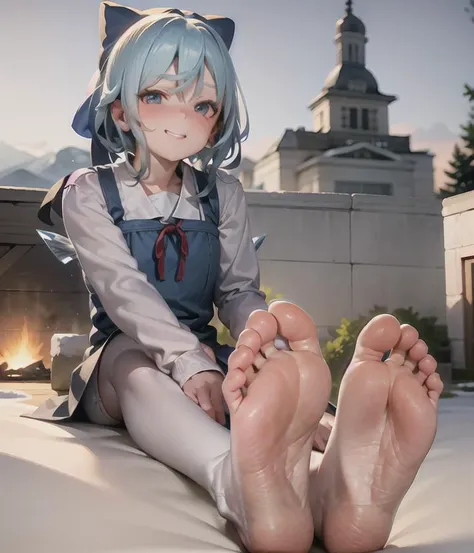 cirno,full body,blush,looking at viewer, sitting, feet up, soles, with her blue dress and blue colored toenails, on a snowy field, pleading with a grin, <lora:animefeetv4:.8>