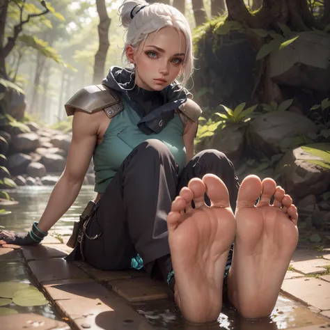 (masterpiece, best quality:1.2), high resolution, detailed, 8k HDR, official art, RAW photography, aesthetic forest background,
1girl sitting, (feet up, soles:1.1), solo,
volumetric lighting, detailed lighting,
stunning eyes, detailed iris,
flawless skin, detailed skin,
<lora:animefeetv4:0.6>,
<lora:Jett:1>,
(Jett, white hair, black gloves, shoulder pads, black pants, cropped sleeveless jacket:1.1),