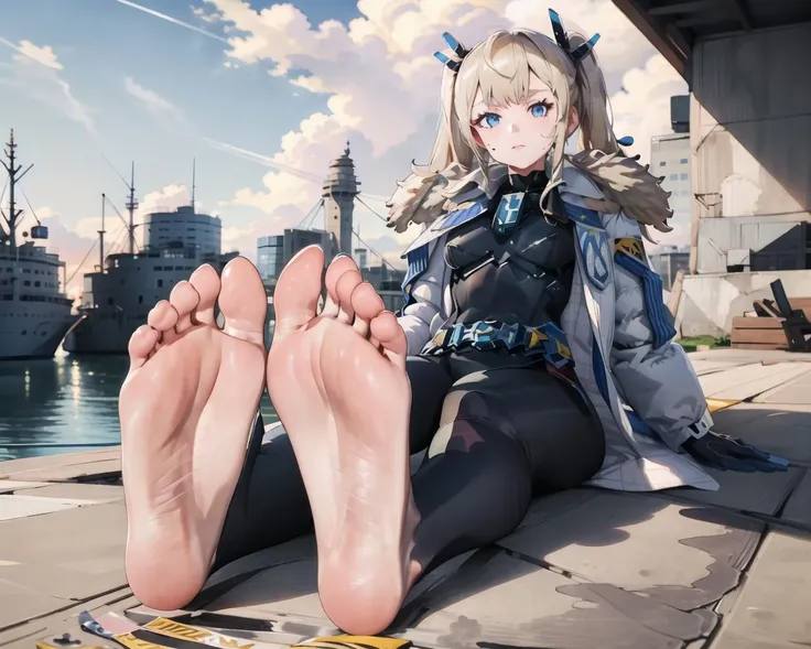 (masterpiece, best quality), detailed background, docks, city, 1girl, solo, sitting, feet up, laplace, hair ornament, white coat, belt, black bodysuit, fur trim, gloves, (barefoot, feet, soles), thick thighs, <lora:laplace-nvwls-v1-final:1> <lora:feetPoseAnime_v11:0.8>