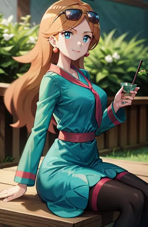 (masterpiece,absurdres,high quality,highres:1.0),1girl, mature female, <lora:Linner:0.8>, (pink lips:0.8),police uniform, sitting, looking at viewer, (depth of field), (anime:1.3), (medium breasts:0.6),black legwear, (light smile, ), holding cup, sunglasses, sunlight,
