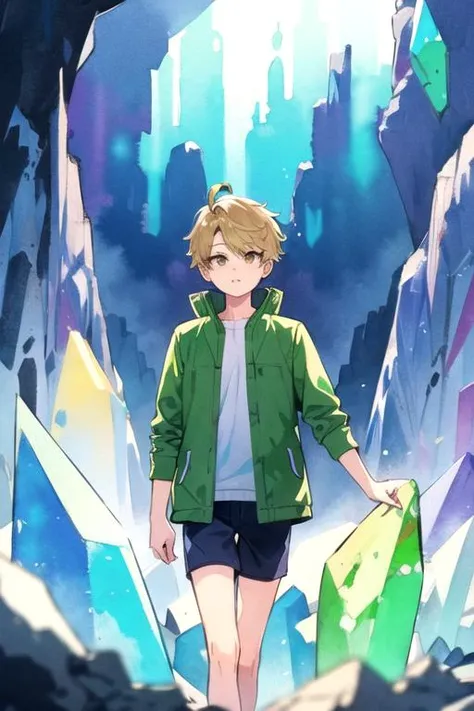 (best quality:1.1), (masterpiece:1.4), movie still, 1boy, solo, male focus, , , depth of field, (watercolor illustration, soft pastel colors:1.1), , <lora:yuuma_nikaidou:0.88>, yuuma_nikaidou, blonde hair, yellow eyes, short hair, parka, , The Crystal Cave: A fantastical place where gemstones and crystals grow in abundance,