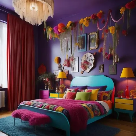 <lyco:kitsch_style_interior_design_Sa_May:1.0> kitsch style interior design of bedroom multicolor