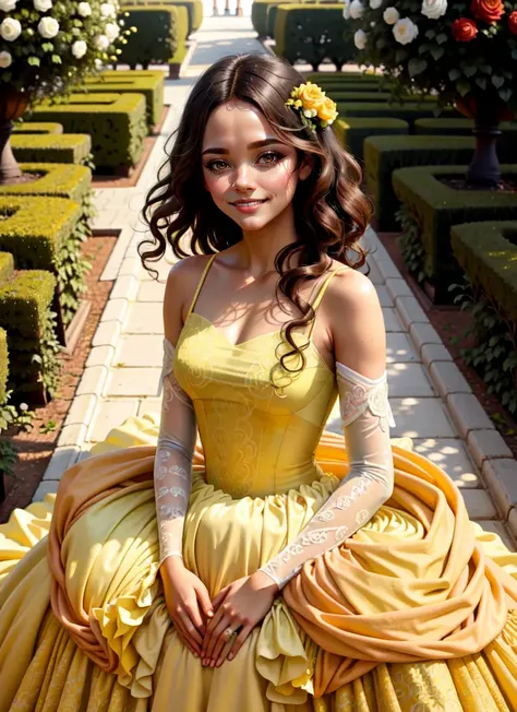 photo of CarmD a beautiful princess wearing a yellow gown, rose garden background (masterpiece:1.2) (illustration:1.1) (best quality:1.2) (detailed) (intricate) (8k) (HDR) (wallpaper) (cinematic lighting) (sharp focus), up close, from above, smiling <lora:CarmenDoe:0.7>